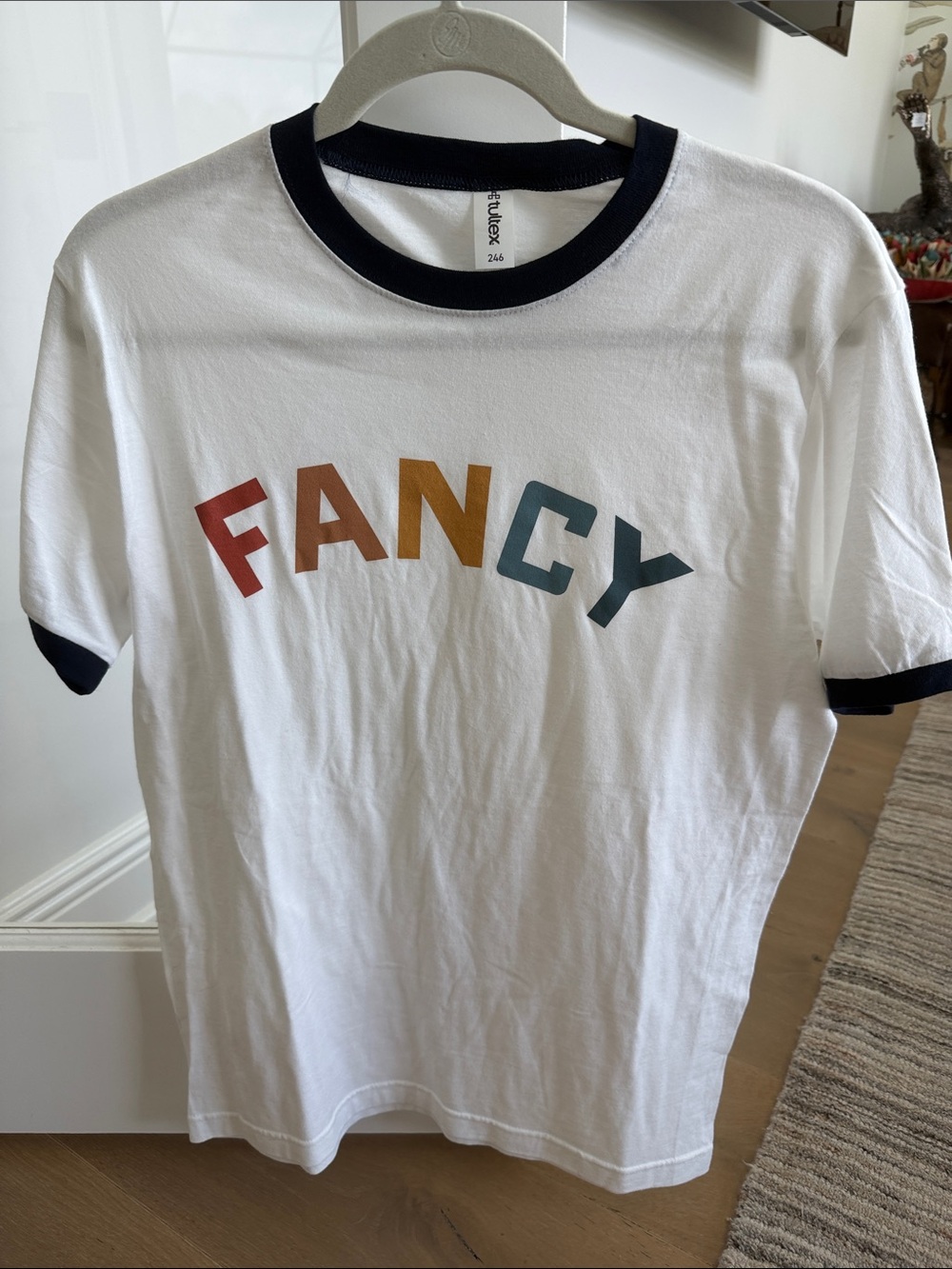 Tultex White Ringer Tee with Multicolor "FANCY" Graphic